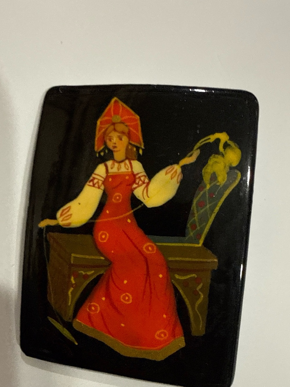 Vintage Black Rectangle‎ Brooch hand painted lady sitting back stamped swan logo